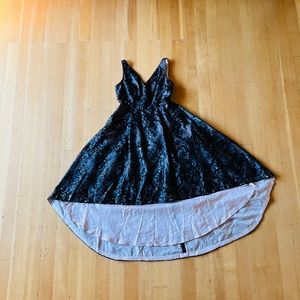 Calvin Klein high low black lace and sequins party dress